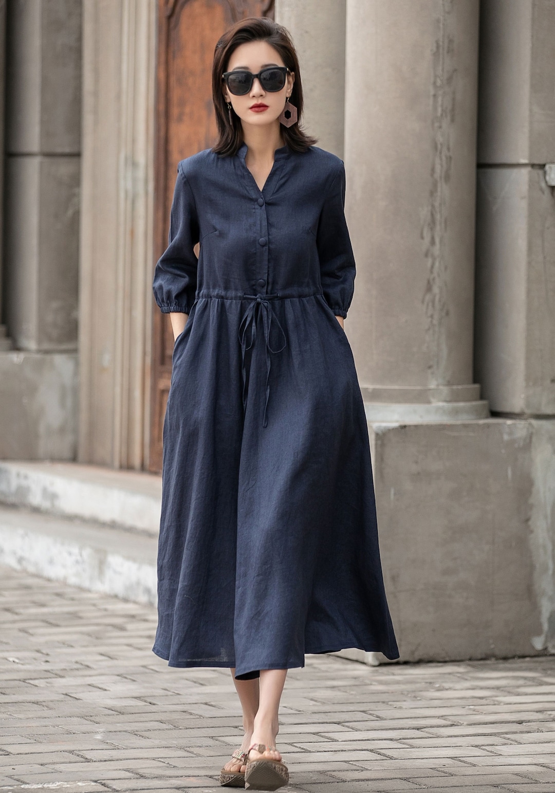 Swing Linen Shirt Dress, Button Front Shirtdress With Pockets, High Waist Swing Midi Collarless Dress, Custom Made Dress 2594#